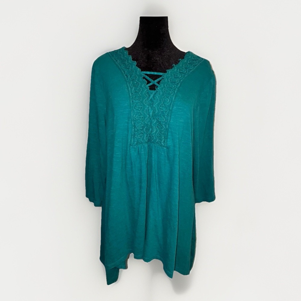 Chico's Lace Crocheted V-Neckline Tunic 3/4 Sleeve Womens Size Large Turquoise - Picture 1 of 5